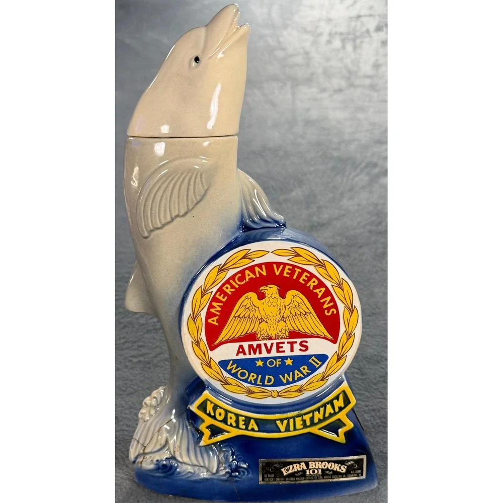 Vintage 1974 Ezra Brooks AMVETS Dolphin Decanter Hollywood Florida 30th National